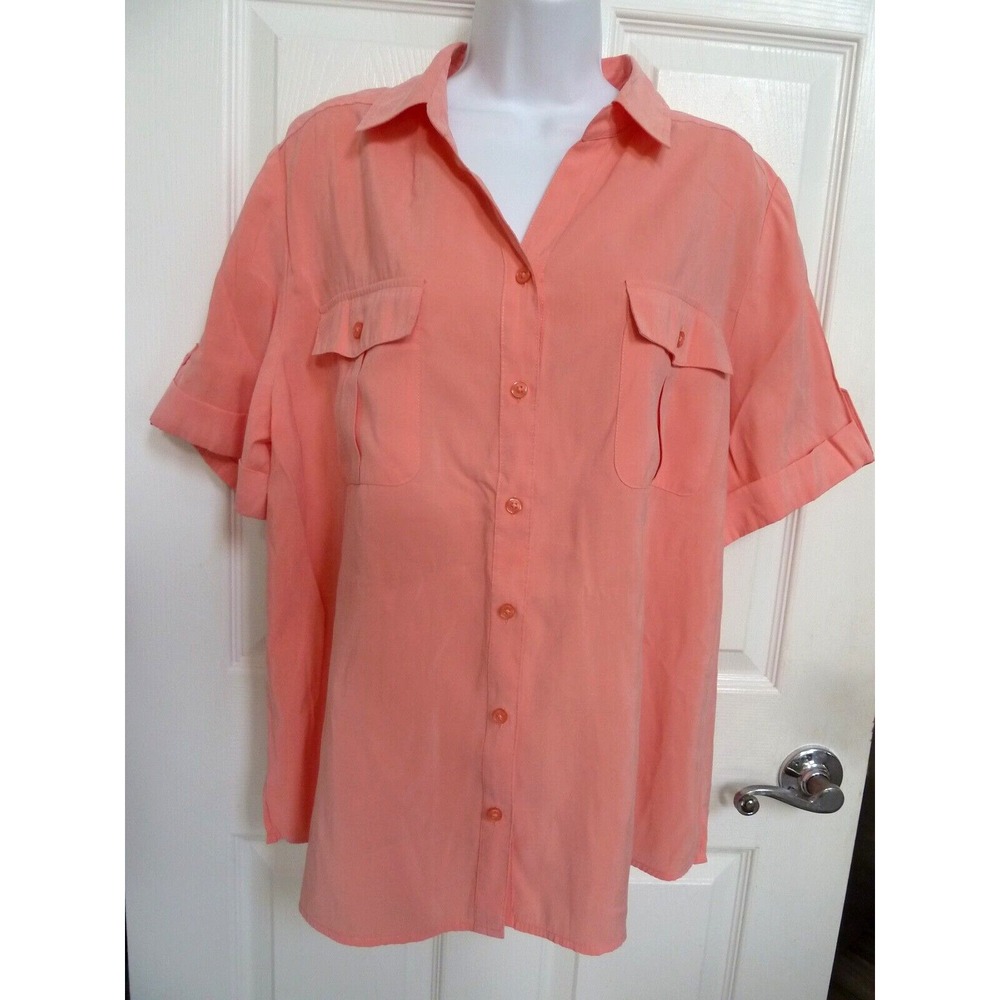 *CHICO'S SZ 3=16/18 XL Roll-Tab Sleeve Blouse Career Shirt Coral Pink Button Up*